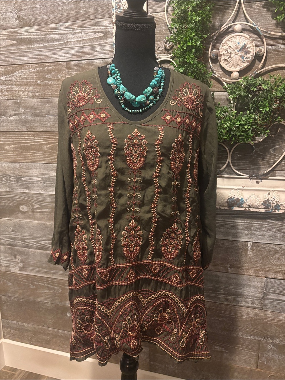 Kyla Seo (Size Large) Women’s Olive Green Brown Embroidered Tunic